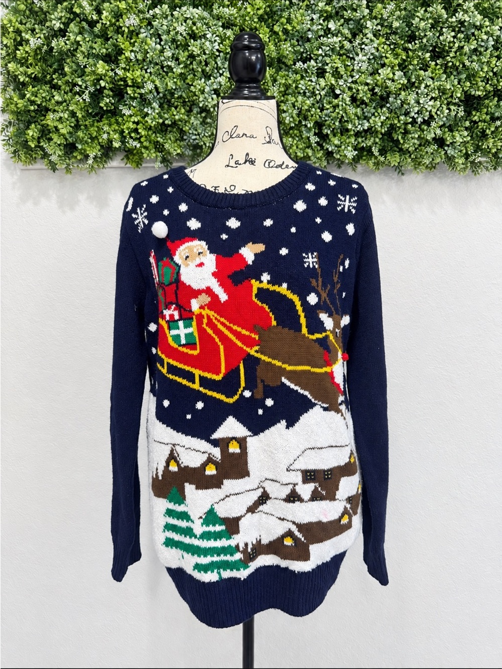Light Up Christmas Sweater Santa Sleigh Reindeer Navy Blue size Large